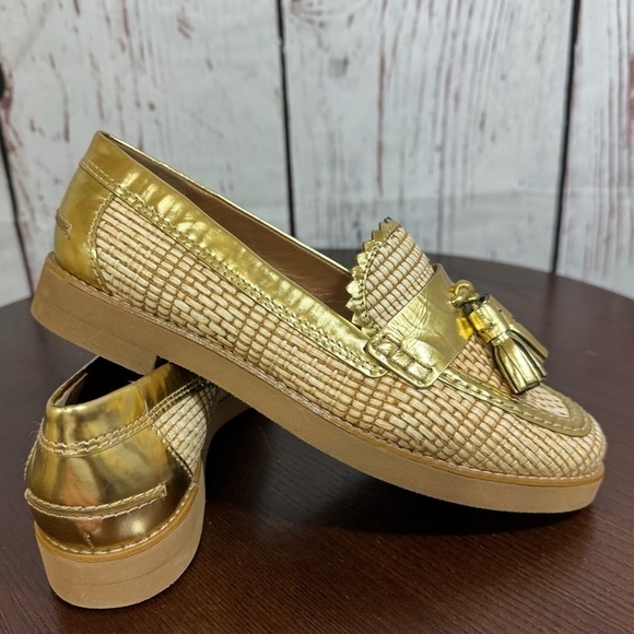 TORY BURCH Raffia & Metallic Gold Leather Trims Loafers in size 6 New - Picture 3 of 15